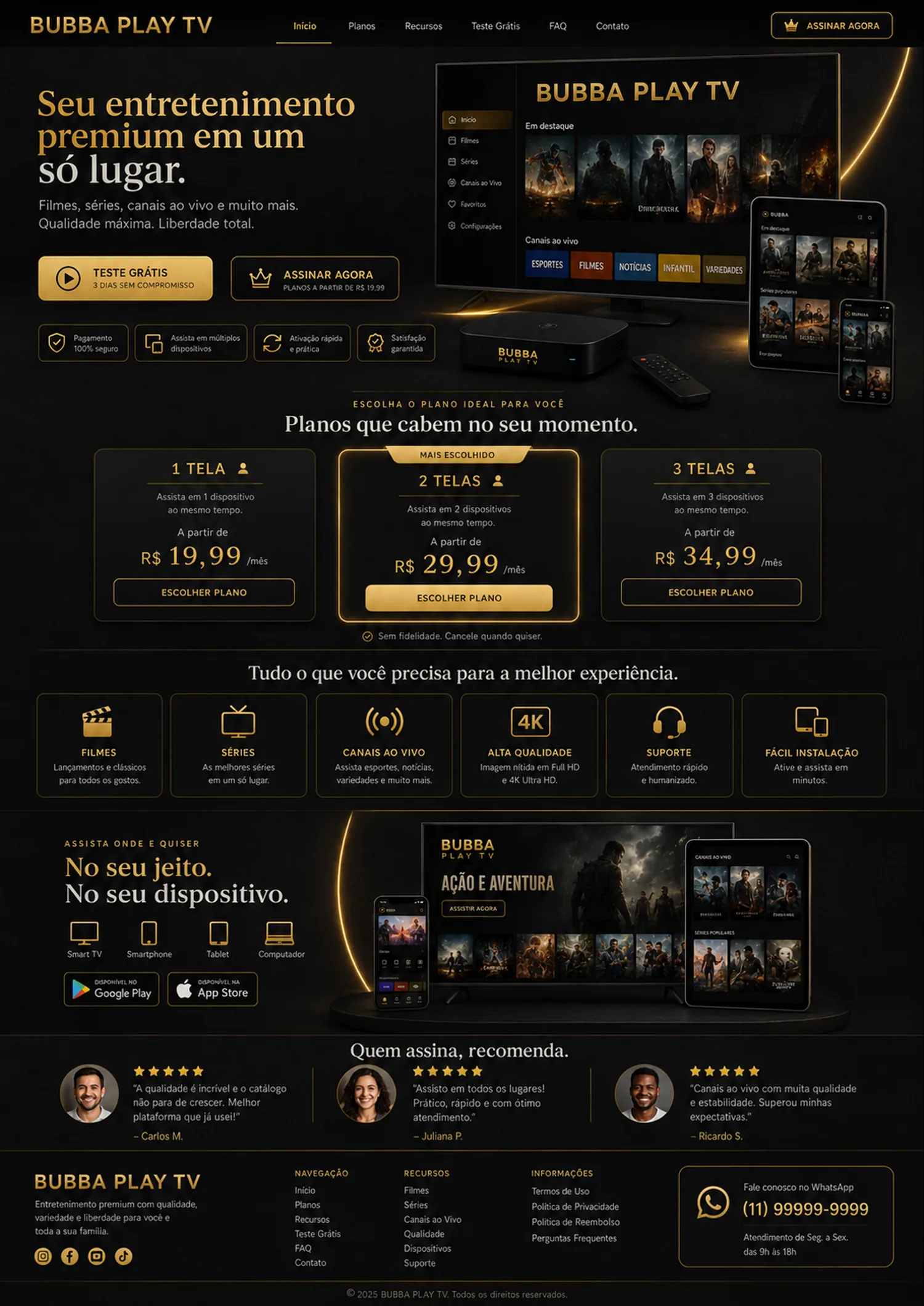 Interface premium BUBBA PLAY TV em TV e dispositivos
